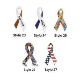A selection of awareness ribbon lapel pins in various colours and patterns, including styles for "Survivor", "Hope", and more.