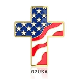 A gold cross pin featuring a design with the American flag colours—red, white, and blue.
