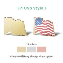 A shiny gold lapel pin featuring a waving American flag design, alongside options in shiny silver and shiny copper.