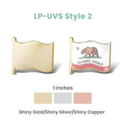 Lapel pins featuring shiny gold, silver, and copper designs, showcasing a California flag.