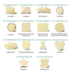 A collection of various shapes of 0.75" UV printed stock lapel pins in beige, including stars, hearts, and squares.