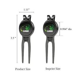 A black divot tool featuring a round ball marker with a logo, displaying product and imprint sizes.