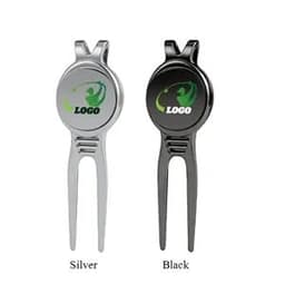 A divot tool with a custom logo ball marker, available in silver and black colours.