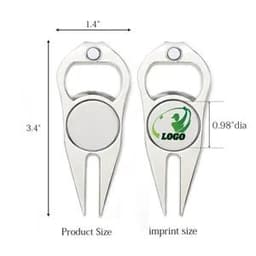 A silver divot tool with a bottle opener and a circular area for a logo. Dimensions are 3.4 inches by 1.4 inches.