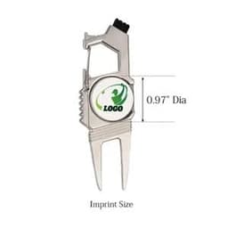 A divot tool with a ball marker, featuring a circular area for a logo, in metallic silver finish.