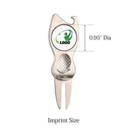 A silver golf divot tool with a logo and a textured grip, featuring a two-pronged fork for repairing greens.