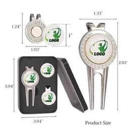 A golf divot tool in silver with three round ball markers, all in a compact black case with a logo.