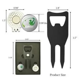 A gift box set containing a black ball marker and a tee, with two round markers. Features a logo.