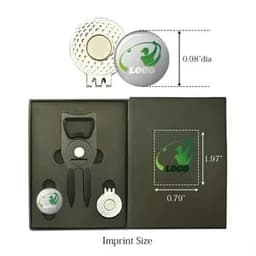 A golf-themed gift box set featuring a ball marker, golf tee, and a clip, in silver and black colours.