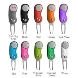 Custom ball marker repair tools in various colours: dark sky grey, black, red, orange, dark violet, blue, pink, yellowish green, emerald green, and white. Each features a logo.