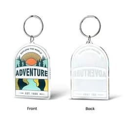 A custom acrylic keychain featuring a colourful "Adventure" design on the front and a plain back, attached to a keyring.