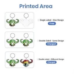Acrylic keychains featuring designs, with options for single-sided and double-sided prints in various colours.