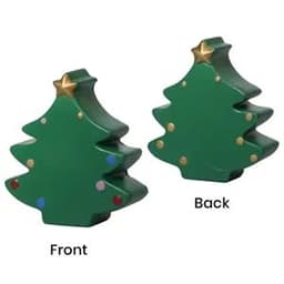A green Christmas tree stress ball with a star on top and decorative dots, featuring a front and back view.
