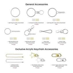 A collection of various keychain accessories, including split rings, lobster clasps, and star-shaped clips in different colours.