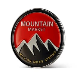 A round, custom UV printed pin featuring a red and black design with mountain graphics and a logo.