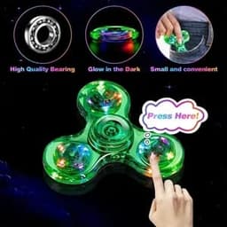 A green LED light fidget spinner with a glow-in-the-dark feature and a shiny, clear design, featuring a logo.