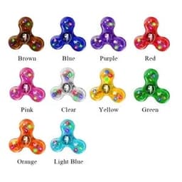 A variety of clear LED fidget spinners in multiple colours including brown, blue, purple, red, pink, orange, yellow, green, and light blue.