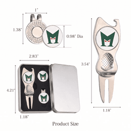 A golf divot tool gift set featuring a silver tool, two markers, and a metal case, all with a logo in green and white.