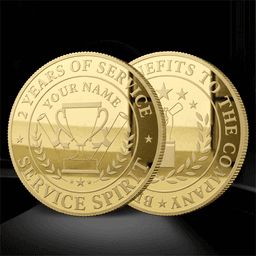 Two gold custom die struck mint coins, featuring engravings related to service and achievement, with a branding logo.