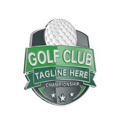 A golf ball marker featuring green and silver colours with a golf ball design and a decorative banner.