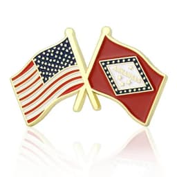 A crossed flag pin featuring the USA flag and the Arkansas state flag, with gold accents and red, white, and blue colours.