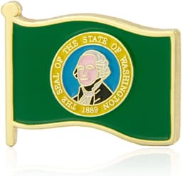 A flag pin featuring the Washington state seal, with a green background and gold detailing.