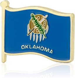 A pin of the Oklahoma state flag featuring blue background, a cross and arrows emblem, and gold detailing.