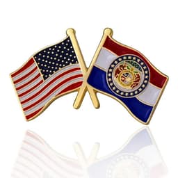 A gold lapel pin featuring crossed flags of the USA and Missouri, with red, white, and blue colours.