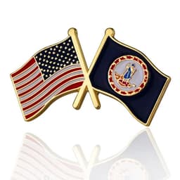 Stock crossed flag pin featuring the USA flag and a state flag on a gold-tone base, with vibrant red, white, blue, and gold colours.