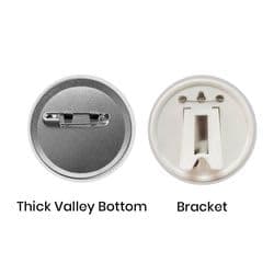 Two circular button backs displayed: one with a thick valley bottom and the other featuring a bracket, both in metallic tones.