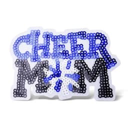 A sequin patch featuring the words "CHEER MOM" in black, blue, and silver sequins on a white backing.