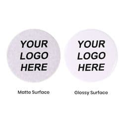 Two circular custom buttons in matte and glossy finishes, displaying a placeholder for a logo. White background.