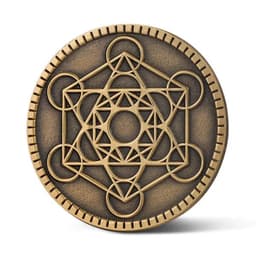 A die struck antique pin in bronze featuring intricate geometric designs and a circular shape.