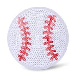 A round sequin patch featuring a white background with red stitching resembling a baseball. It includes a logo.
