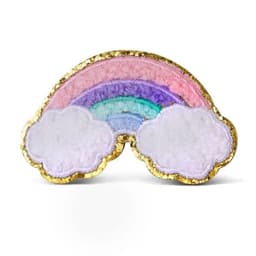 A rainbow chenille patch in pink, purple, and green, bordered with gold, featuring white clouds.