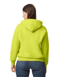 A bright yellow Gildan DryBlend adult hooded sweatshirt, featuring a hood and a relaxed fit from the back view.
