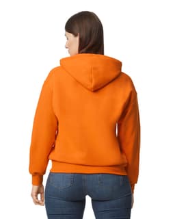 An orange Gildan DryBlend adult hooded sweatshirt with a hood, shown from the back.