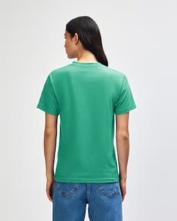 A unisex heavyweight cotton T-shirt in a vibrant green colour, featuring a logo on the back.