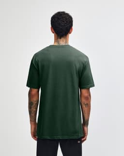 A unisex heavyweight cotton T-shirt in dark green, featuring a logo on the back.