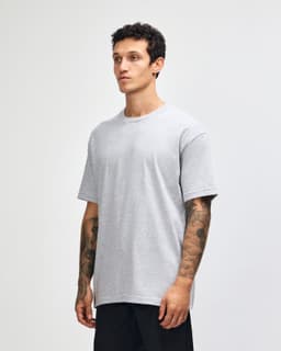 A heavyweight cotton unisex T-shirt in light grey, featuring a relaxed fit and short sleeves. It has a logo.