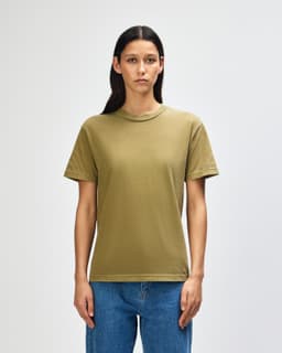 A unisex heavyweight cotton t-shirt in olive green, featuring a simple design and short sleeves.