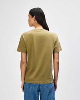 A heavyweight cotton unisex T-shirt in olive green, featuring a plain back and short sleeves.