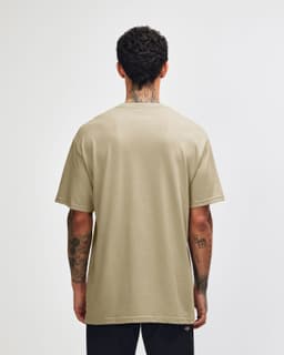 A unisex heavyweight cotton t-shirt in a muted khaki colour, featuring a logo, viewed from the back.