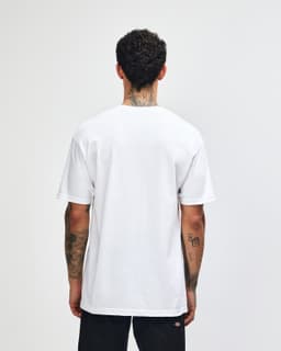 A heavyweight cotton unisex T-shirt in light grey, featuring a back view of a model. The shirt has a logo.