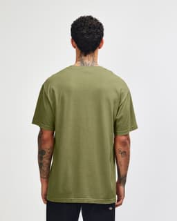 A unisex heavyweight cotton T-shirt in olive green, displaying the back view. It has a logo.