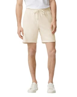 Lightweight sweatshorts in a cream colour with an elastic waistband and drawstring detail, featuring a logo.