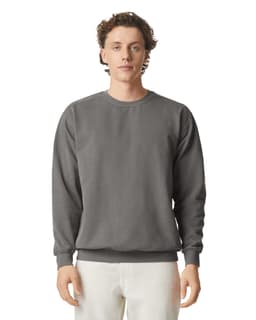 A grey adult crewneck sweatshirt with long sleeves and a simple design, featuring a logo on the front.