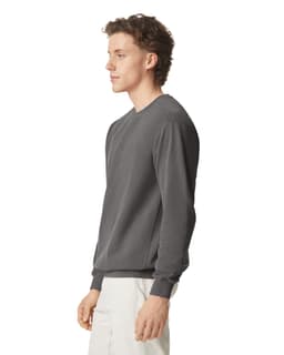 A grey adult crewneck sweatshirt displayed on a model, featuring a simple design and a logo.
