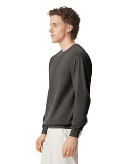 A grey adult crewneck sweatshirt displayed on a model from the side, featuring a simple design and a logo.