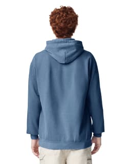 A blue adult hooded sweatshirt featuring a spacious hood and a relaxed fit, with an unseen logo.